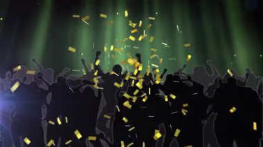 Dans eden kalabalığın üzerine düşen altın konfetilerin hareketli ışığı ve yeşil spot ışıklarıyla canlandırılması. kutlama, parti, müzik ve olay konsepti dijital olarak oluşturulmuş video.