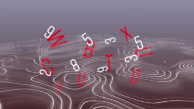 Beyaz sayılar ve kırmızı harflerin gri arkaplandaki çizgiler üzerinden değiştirilmesinin animasyonu. okul, eğitim, öğrenme ve teknoloji konsepti dijital olarak oluşturulmuş video.