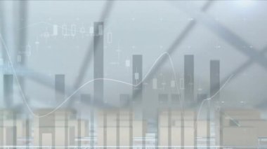 Arkadaki taşıma bantlarındaki karton kutuların üzerinden geçen istatistiklerin canlandırması. küresel sevkiyat, dağıtım, çevrimiçi alışveriş ve bağlantılar konsepti dijital olarak oluşturulmuş video.