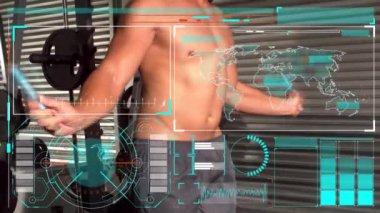 Beyazların egzersiz yaptığı yerde veri ve istatistik işleme animasyonu. global spor, dijital arayüz ve veri işleme kavramı dijital olarak oluşturulmuş video.