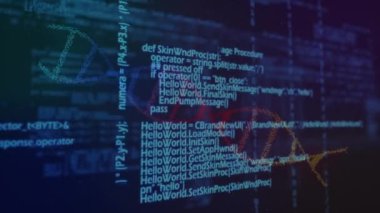 Mavi veri işleme animasyonu ve siyah ekranda dönen renkli DNA sarmalı. küresel bilim, eğitim ve araştırma teknolojisi konsepti dijital olarak oluşturulmuş video.