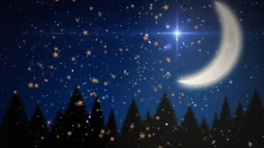 Birden fazla sarı yıldız simgesi ve kar gece gökyüzüne karşı ağaçların siluetine düşüyor. Noel şenliği ve kutlama vektör illüstrasyonu kavramı