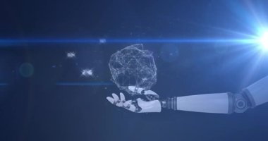 Karanlık arka planda robot kolu üzerinden veri işleme ağı animasyonu. Elektrik mühendisliği teknolojisi, iletişim ve araştırma konsepti dijital olarak oluşturulmuş video.