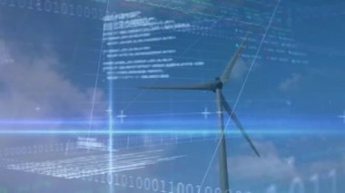 Finansal veri işleme ve rüzgar türbini üzerinde ikili kodlama animasyonu. küresel iklim değişikliği, sürdürülebilirlik ve rüzgar enerjisi konsepti dijital olarak oluşturulmuş video.