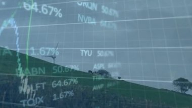 Rüzgar türbini üzerinde finansal veri işleme animasyonu. küresel iklim değişikliği, sürdürülebilirlik ve rüzgar enerjisi konsepti dijital olarak oluşturulmuş video.