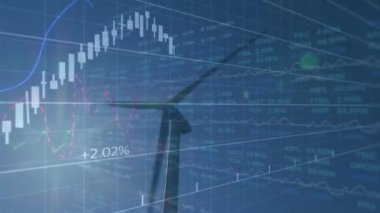 Rüzgar türbini üzerinde finansal veri işleme animasyonu. küresel iklim değişikliği, sürdürülebilirlik ve rüzgar enerjisi konsepti dijital olarak oluşturulmuş video.