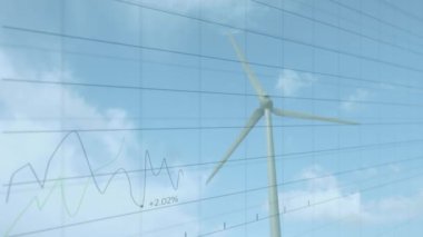 Rüzgar türbini üzerinde finansal veri işleme animasyonu. küresel iklim değişikliği, sürdürülebilirlik ve rüzgar enerjisi konsepti dijital olarak oluşturulmuş video.