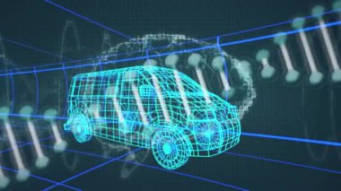 Minibüs ve ızgaranın 3D çizim modeli üzerinde DNA ipliği ve insan beyni animasyonu. küresel mühendislik, veri işleme ve dijital arayüz kavramı dijital olarak oluşturulmuş video.