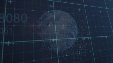 Küre ve parçacıkların animasyonu siyaha işlenmiş veri ve ızgara ile sarmal oluşturur. küresel bilim, eğitim ve araştırma teknolojisi konsepti dijital olarak oluşturulmuş video.