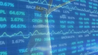 Rüzgar türbini üzerinde ikili kodlama ve veri işleme animasyonu. küresel iklim değişikliği, sürdürülebilirlik ve rüzgar enerjisi konsepti dijital olarak oluşturulmuş video.