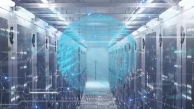 Bilgisayar sunucuları üzerindeki dünya ve ağ bağlantılarının animasyonu. küresel veri işleme, bağlantılar ve teknoloji konsepti dijital olarak oluşturulmuş video.