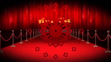 Kırmızı halı mekânında kırmızı kaleydoskopik şekilli animasyonlar ve kazananlar. eğlence, ödül töreni, olay ve kutlama konsepti dijital olarak oluşturulmuş video.