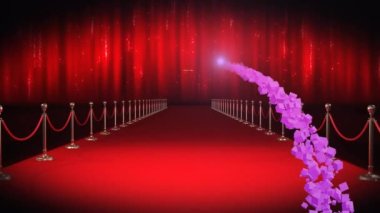 Animasyon ve kazananlar kırmızı halı mekanı üzerinde mor havai fişek olan metinler. eğlence, ödül töreni, olay ve kutlama konsepti dijital olarak oluşturulmuş video.