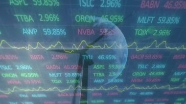Rüzgâr türbini üzerinde finansal veri işleme ve küre animasyonu. küresel iklim değişikliği, sürdürülebilirlik ve rüzgar enerjisi konsepti dijital olarak oluşturulmuş video.