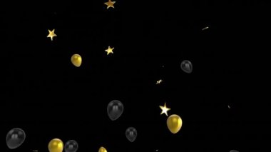Siyah arka planda balonların üzerinde yüzen yıldızların animasyonu. Yılbaşı partisi kutlaması konsepti dijital olarak oluşturulmuş video.
