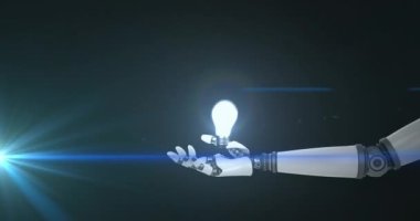 Robot kolunun üzerinde yanan ampulün animasyonu, koyu arkaplanda hareket eden ışık. Elektrik mühendisliği teknolojisi, iletişim ve araştırma konsepti dijital olarak oluşturulmuş video.