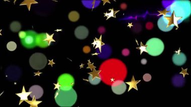 Siyah arkaplanda renkli noktaların üzerinde yüzen yıldızların animasyonu. Yılbaşı partisi kutlaması konsepti dijital olarak oluşturulmuş video.