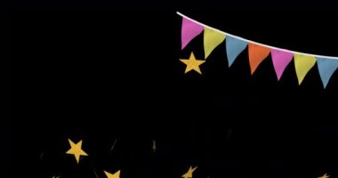 Dekorasyonlu ve siyah arkaplanda yıldızlar olan tebrik metninin animasyonu. parti ve kutlama konsepti dijital olarak oluşturulmuş video.