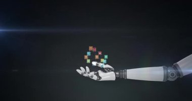 Koyu arkaplanda hareket eden ışık ile robot kolun üzerinde medya simgelerinin oluşturduğu bir ağ animasyonu. Elektrik mühendisliği teknolojisi, iletişim ve araştırma konsepti dijital olarak oluşturulmuş video.