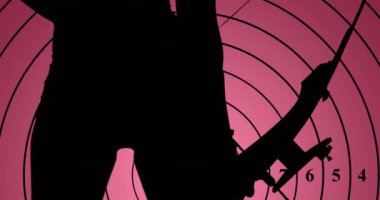 Pembe arka planda yay tutan kadın okçunun hedef ve siluetinin animasyonu. Ulusal hobi ayı, hobiler, ilgi alanları ve spor aktiviteleri konsepti dijital olarak oluşturulmuş video.