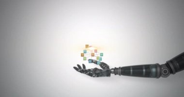 Gri arkaplanda, medya simgelerinin ve robot kolun üzerinde parlayan ışığın animasyonu. Elektrik mühendisliği teknolojisi, iletişim ve araştırma konsepti dijital olarak oluşturulmuş video.