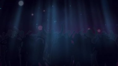 Dans eden kalabalığın üzerinde ışık ve konfeti animasyonu. kutlama, parti, müzik ve olay konsepti dijital olarak oluşturulmuş video.