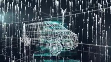 Ekranda veri işleme animasyonu ve 3 boyutlu karavan ve ızgara çizim modeli üzerinde ışık izleri. küresel mühendislik, veri işleme ve dijital arayüz kavramı dijital olarak oluşturulmuş video.