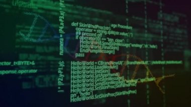 Siyah ekranda dönen yeşil verileri ve renkli DNA sarmallarını işleme animasyonu. küresel bilim, eğitim ve araştırma teknolojisi konsepti dijital olarak oluşturulmuş video.