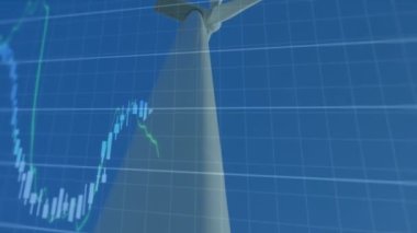 Rüzgar türbini üzerinde finansal veri işleme animasyonu. küresel iklim değişikliği, sürdürülebilirlik ve rüzgar enerjisi konsepti dijital olarak oluşturulmuş video.