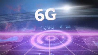 Yuvarlak tarayıcıya karşı 6G metin, mikroişlemci bağlantıları ve mavi arkaplanda ışık lekesi. küresel ağ ve teknoloji kavramı