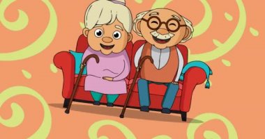 Sarı ve pembe desenli koltukta oturan mutlu yaşlı çiftin canlandırması. aile, sevgi, sağlık ve birliktelik kavramı dijital olarak oluşturulmuş video.