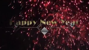 Dekorasyon ve arka planda havai fişek eşliğinde yeni yıl kutlamalarının animasyonu. Yeni yıl partisi, noel, gelenek ve kutlama konsepti dijital olarak oluşturuldu..