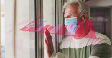 Coperid 19 hücrenin animasyonu ve yüz maskesi takan yaşlı adamın istatistikleri. küresel covid 19 salgın konsepti dijital olarak oluşturulmuş video.