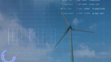 Rüzgar türbini üzerinde finansal veri işleme animasyonu. küresel iklim değişikliği, sürdürülebilirlik ve rüzgar enerjisi konsepti dijital olarak oluşturulmuş video.