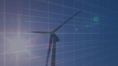 Rüzgar türbini üzerinde finansal veri işleme animasyonu. küresel iklim değişikliği, sürdürülebilirlik ve rüzgar enerjisi konsepti dijital olarak oluşturulmuş video.