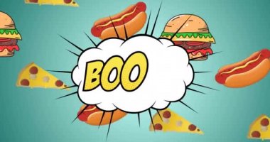 Fast food sosislileri, hamburgerler ve pizza dilimlerinin üzerine yazılan kısa mesajlı illüstrasyon animasyonu. Fast food konsepti dijital olarak oluşturulmuş video.