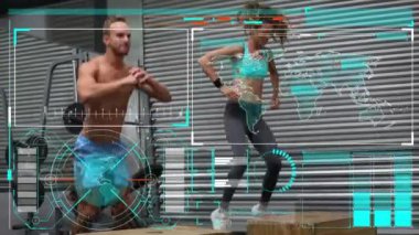 Spor salonunda egzersiz yapan kadın ve erkeğin istatistiklerinin animasyonu. küresel spor ve veri işleme kavramı dijital olarak oluşturulmuş video.