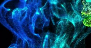 Siyah zemin üzerinde hareket eden parlak mavi ve yeşil parçacık buharının animasyonu. hareket, enerji ve biçim, soyut arayüz arkaplan kavramı dijital olarak oluşturulmuş video.