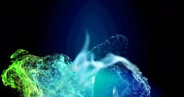 Siyah arkaplanda hareket eden yeşil ve mavi parçacık bulutlarının animasyonu. hareket, enerji ve biçim, soyut arayüz arkaplan kavramı dijital olarak oluşturulmuş video.