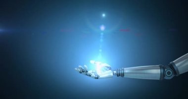 Mavi ışık ve mercek animasyonu robot kolun üzerinde yanıp sönüyor, mavi arka planda hareket eden ışık var. Elektrik mühendisliği teknolojisi, iletişim ve araştırma konsepti dijital olarak oluşturulmuş video.
