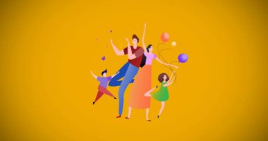 Sarı arka planda balonlarla mutlu aile dansının canlandırması. aile, kutlama, aşk, sağlık ve birliktelik konsepti dijital olarak oluşturulmuş video.
