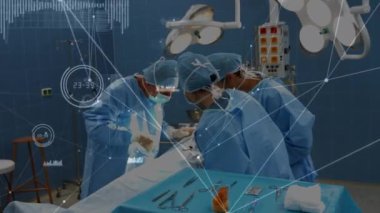 Ameliyathanedeki cerrahlar üzerinden bağlantı ağının animasyonu. küresel tıp, sağlık hizmetleri ve dijital olarak üretilen video konsepti.