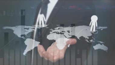 İnsan simgelerinin dünya haritasında arayüz ve veri işleme kullanılarak iş adamlarının üzerinde canlandırılması. küresel iş iletişimi teknolojisi ve dijital arayüz kavramı, dijital olarak oluşturulmuş video.