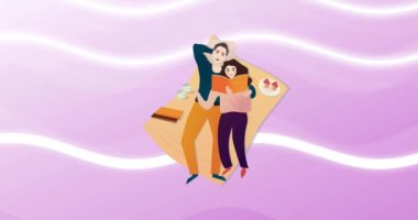 Pembe arka planda piknik örtüsü üzerinde uzanan mutlu çiftin canlandırması. Sevgi, sağlık ve birliktelik kavramı dijital olarak oluşturulmuş video.