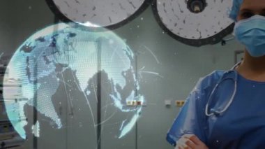 Ameliyathanede kadın cerrah ile bağlantıları olan bir dünya animasyonu. küresel tıp, sağlık hizmetleri ve dijital olarak üretilen video konsepti.