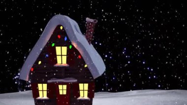 Havai fişek animasyonu ve evin üzerine düşen kar telli ışıklarla süslenmiş. Noel, gelenek ve kutlama konsepti dijital olarak oluşturuldu.