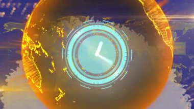 Saatin animasyonu dünya üzerinde bağlantılarla ve dünya haritasıyla hızlı hareket ediyor. küresel çevre, ağlar ve bağlantılar konsepti dijital olarak oluşturulmuş video.