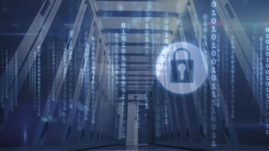 Bilgisayar sunucuları üzerinden çevrimiçi güvenlik kilidi, ikili kodlama ve veri işleme animasyonları. küresel teknoloji, bağlantılar ve veri işleme kavramı dijital olarak oluşturulmuş video.