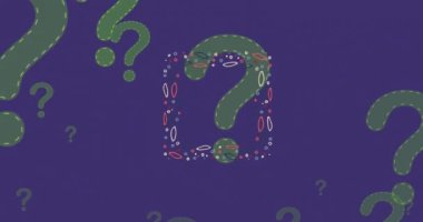 Artan yeşil soru işaretlerinin canlandırması ve mor arkaplanda renkli desenli çerçeve. gizem, enerji ve sunum, soyut arayüz arkaplan kavramı dijital olarak oluşturulmuş video.