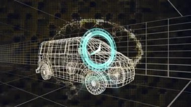 Minibüs ve ızgaranın 3D üzerindeki saat ve insan beyni animasyonu. küresel mühendislik, veri işleme ve dijital arayüz kavramı dijital olarak oluşturulmuş video.